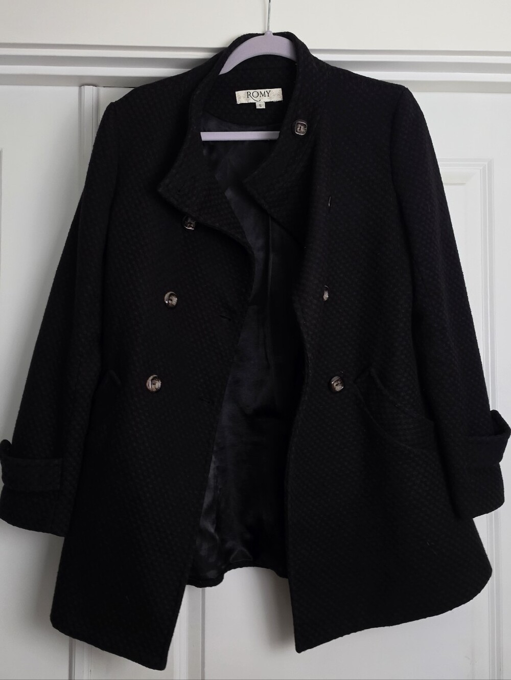 Romy Black Women's Double-Breasted Wool Blend Coat